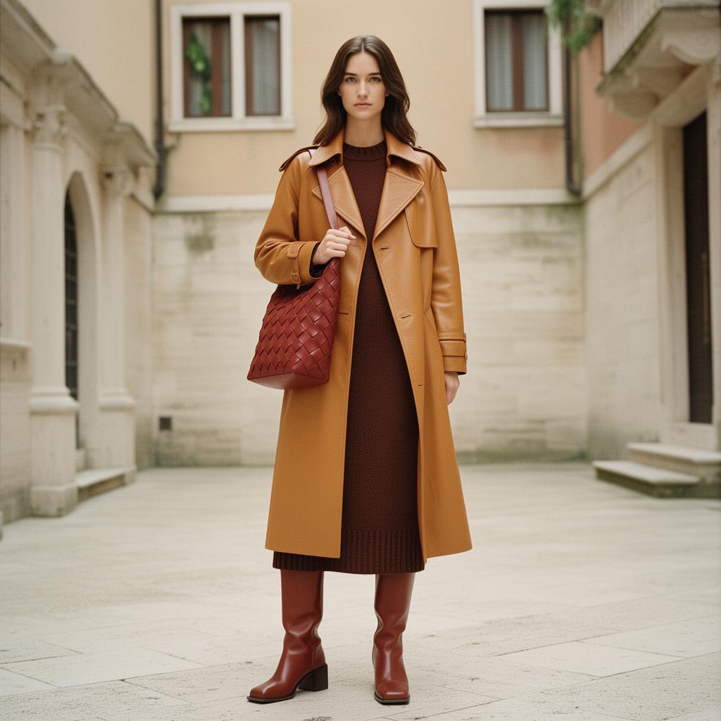 Bottega Veneta womenswear — caramel leather trench and intrecciato shoulder bag