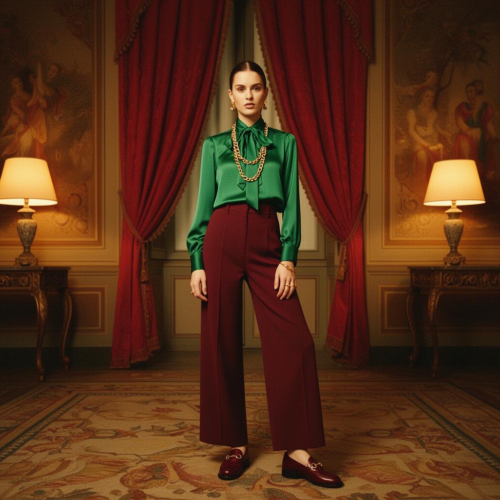 Gucci womenswear — emerald silk pussy-bow blouse with horsebit loafers
