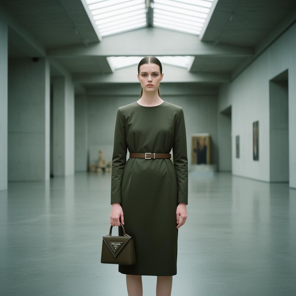 Prada womenswear — minimalist sheath and triangle-logo top-handle bag