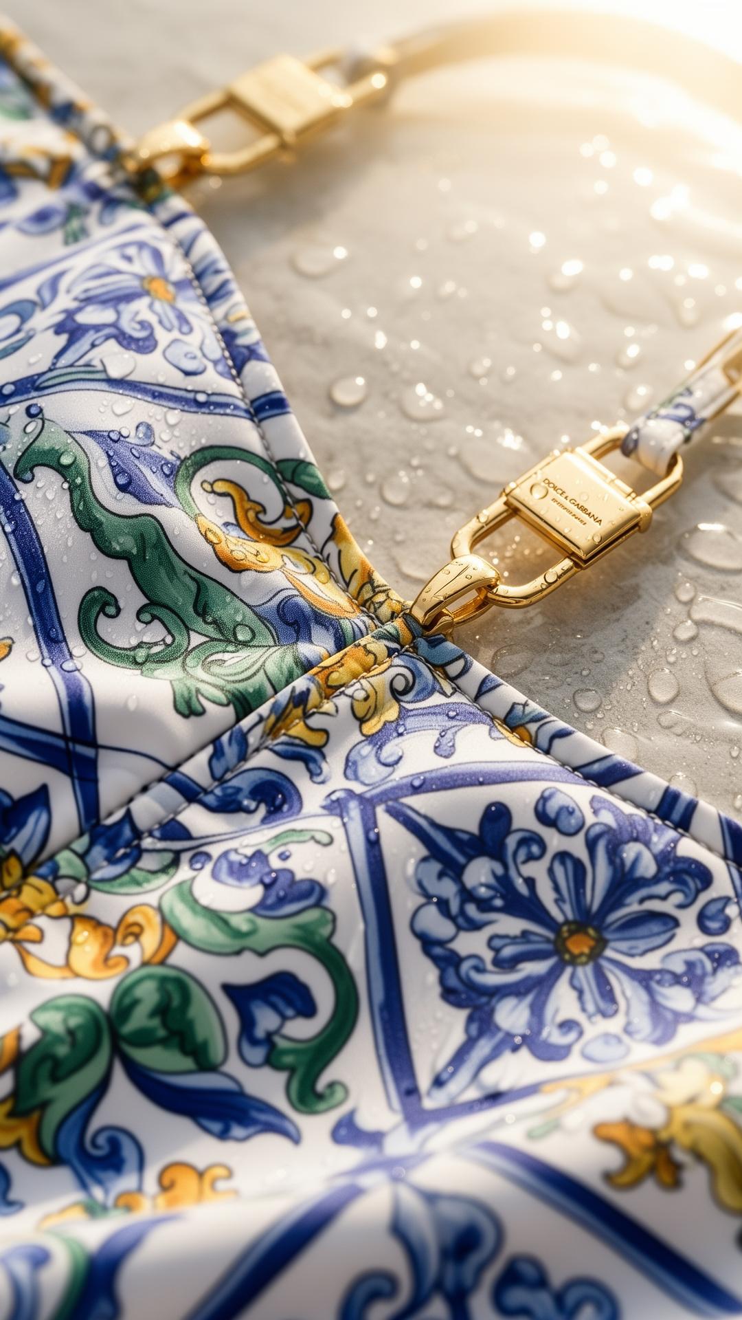 Close-up of D&G majolica-print swimwear with gold hardware