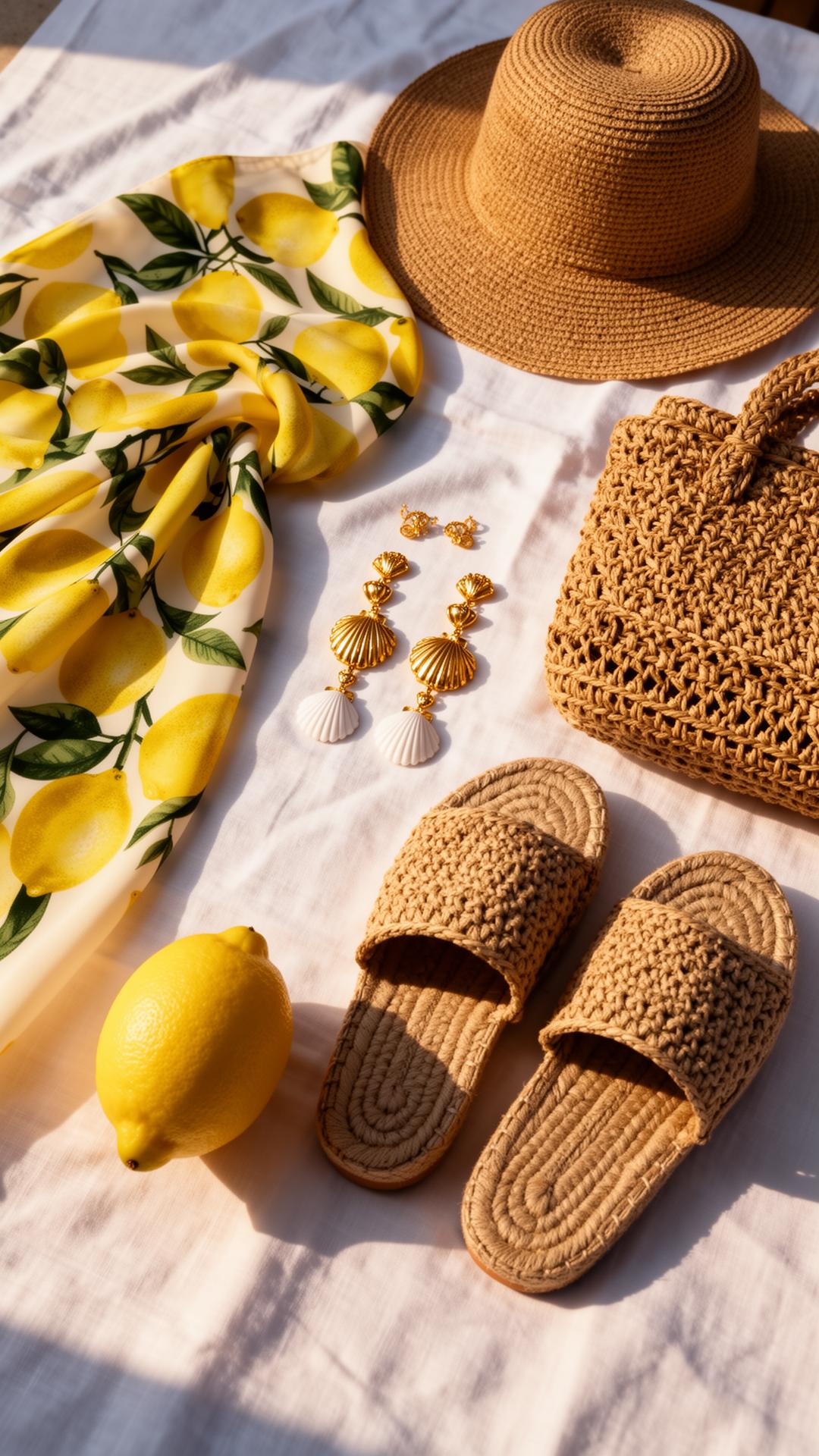 D&G lemon-print pareo, raffia bag, gold seashell earrings, espadrilles