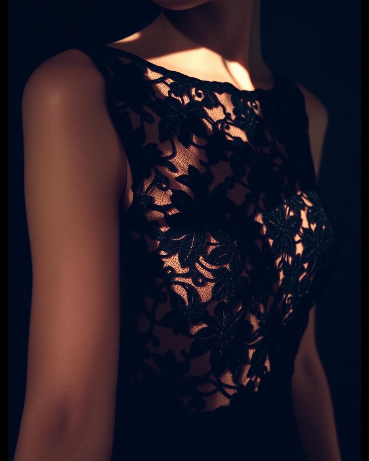 Dolce & Gabbana black floral lace dress in editorial light.