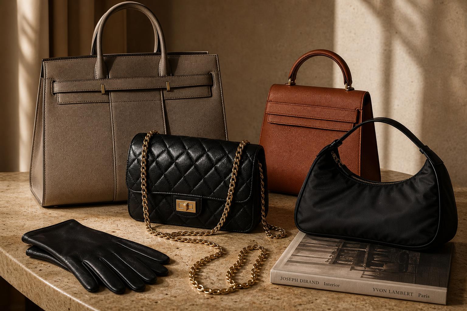 The Bag Vault — four designer handbags arranged on travertine with leather gloves and gold chain