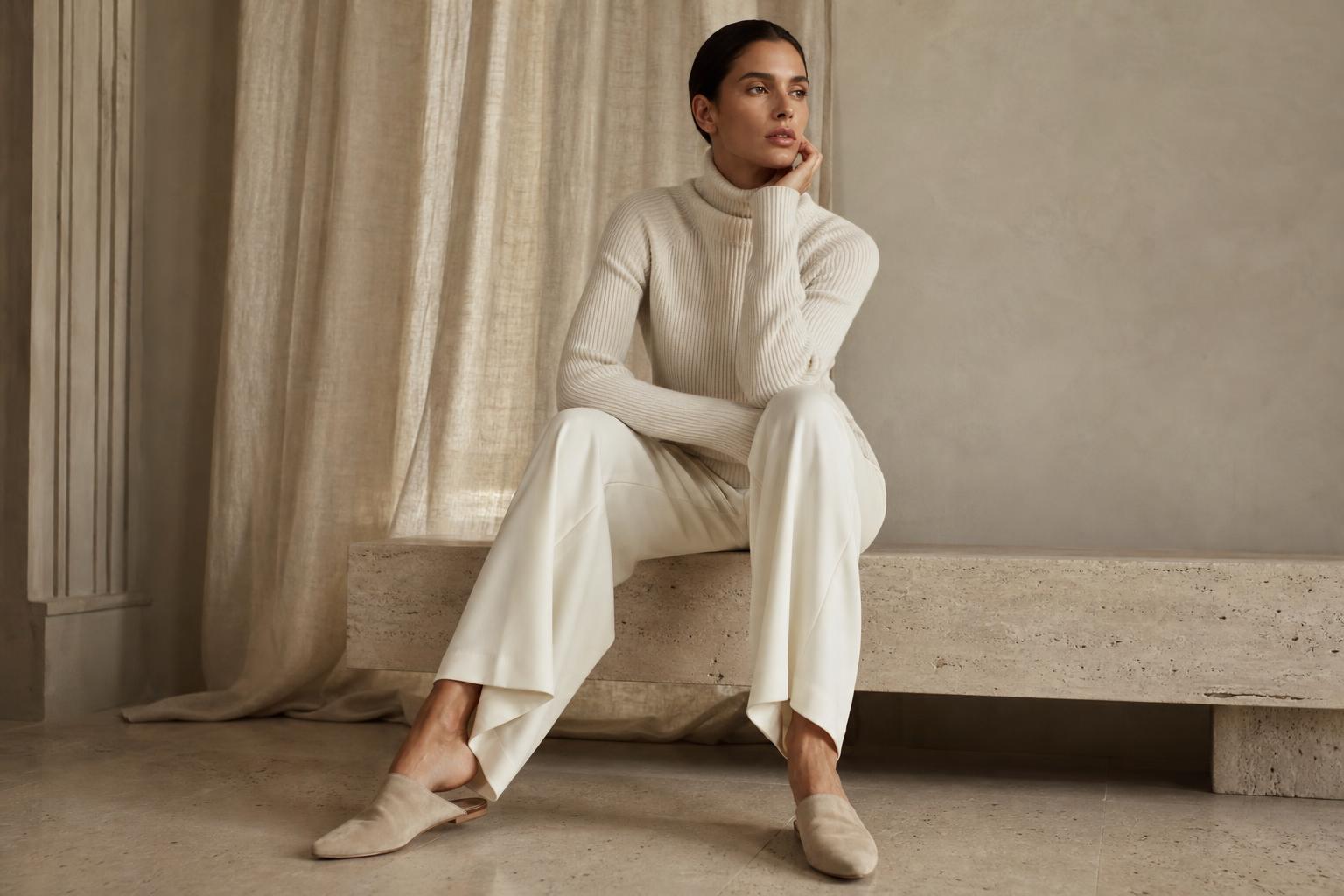 The Cucinelli Edit — model in ivory cashmere turtleneck and wool trousers in an Italian villa interior