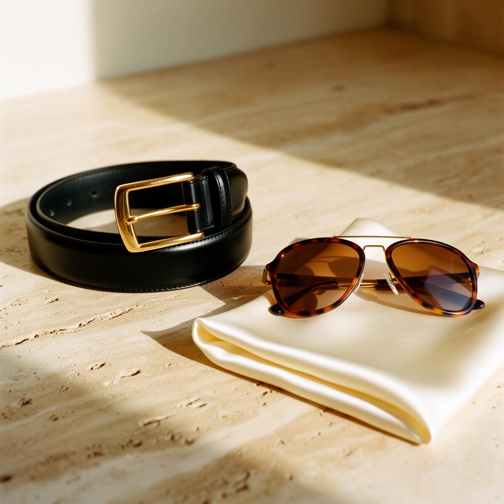 The Accessory Edit — male model in palace gardens with sunglasses, crossbody bag and cognac belt