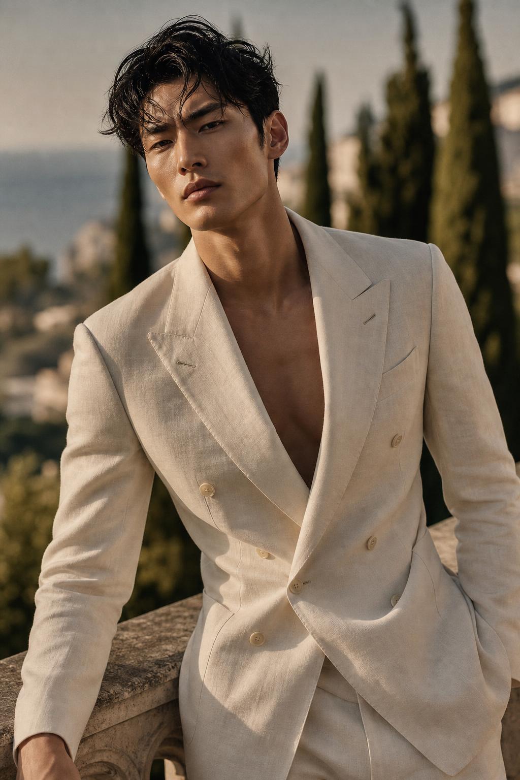Quiet luxury tailoring — soft-shouldered unstructured cream linen suit photographed in Mediterranean light