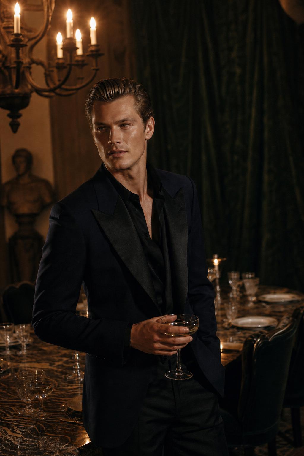 Evening menswear — supermodel in a midnight navy peak-lapel dinner jacket and silk shirt by candlelight