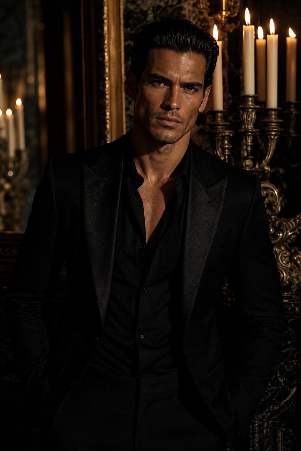 Evening menswear — black silk shirt and tailored dinner jacket photographed by candlelight
