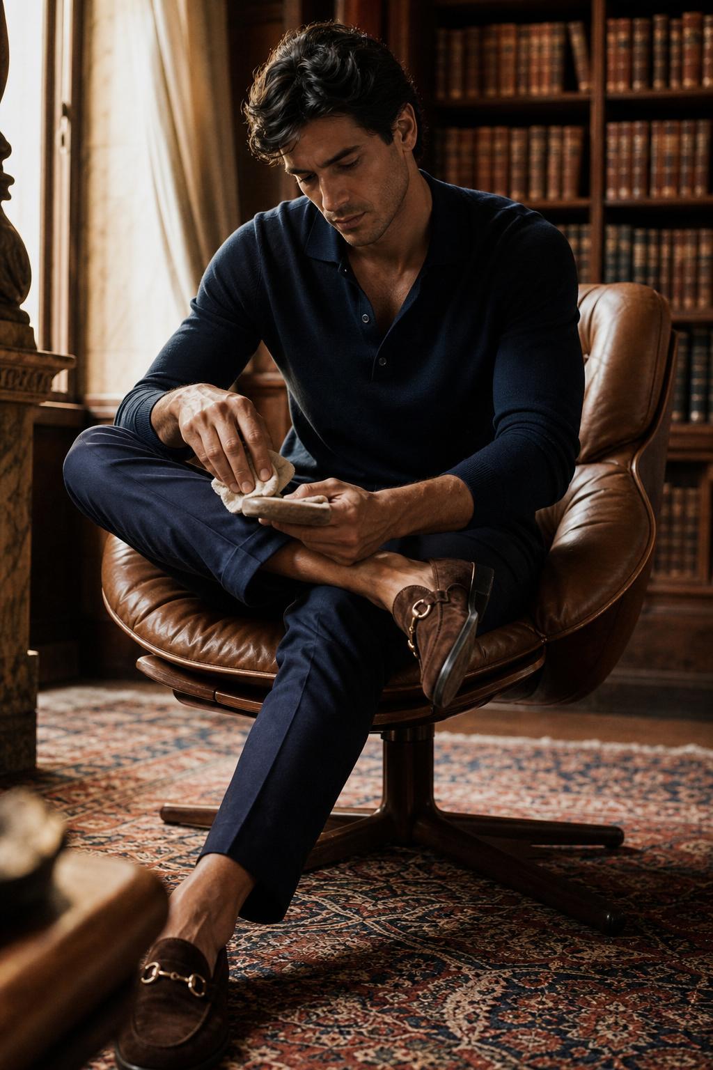 Heritage leather menswear — model seated in a leather lounge chair dusting off a cognac suede horsebit loafer