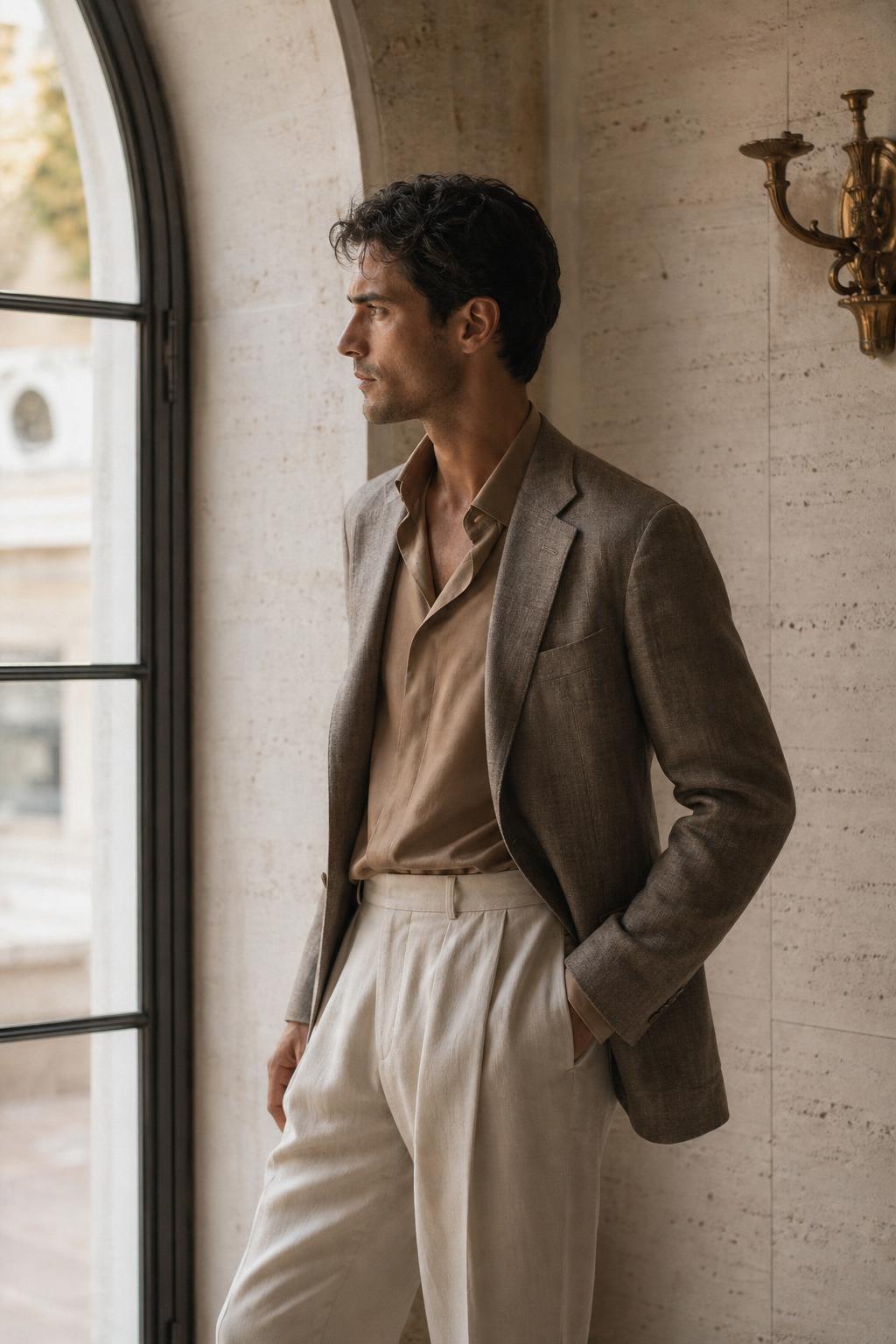 Resort tailoring — supermodel in a soft taupe linen jacket and camel silk shirt photographed in a sunlit Roman palazzo
