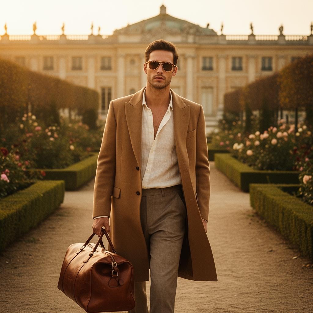 Travel menswear — supermodel walking through a Mediterranean station at sunrise with a cognac leather weekender and camel cashmere coat