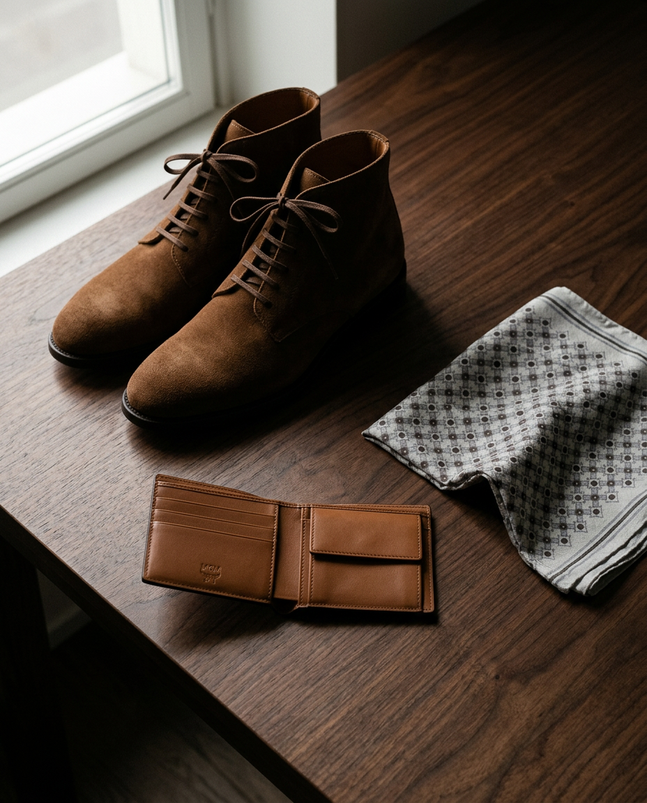 Brown calf-suede lace-up boots, an MCM brown fabric bifold wallet and a Brunello Cucinelli gray silk pochette on walnut