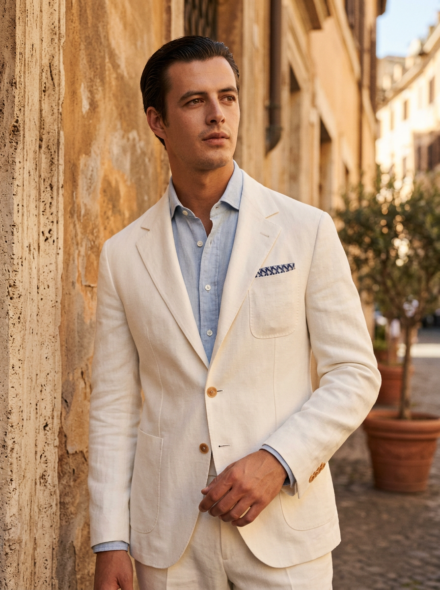 Man in a Brunello Cucinelli off-white linen blazer with caramel cuff buttons against a sunlit Roman palazzo wall