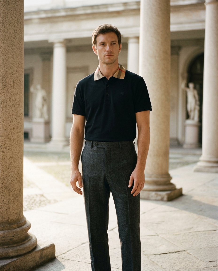 Man in a Burberry navy cotton polo with Archivio Check collar, in a travertine palazzo colonnade