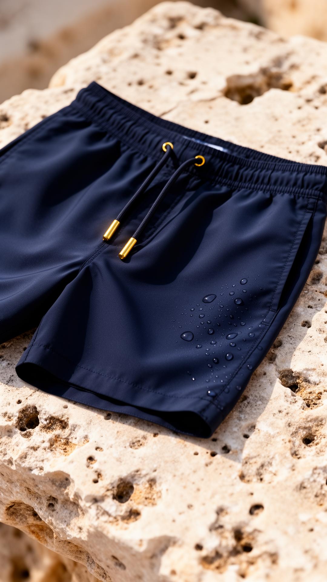 Close-up of the Bottega Veneta azure blue polyamide swim boxer with gold drawcord tips, drying on limestone