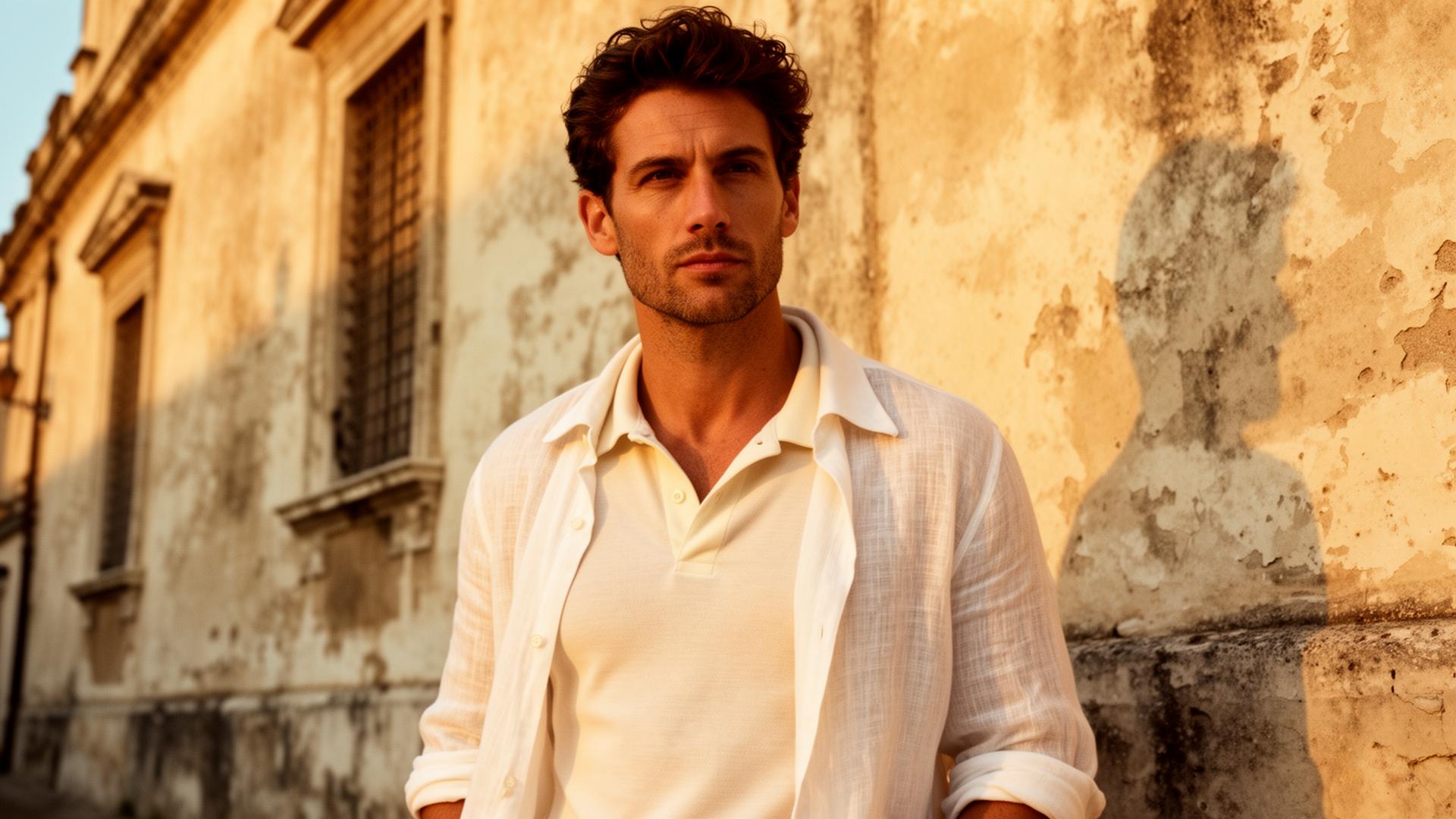 Man in an open off-white linen shirt over a cream cotton polo against a weathered Roman palazzo wall in golden light