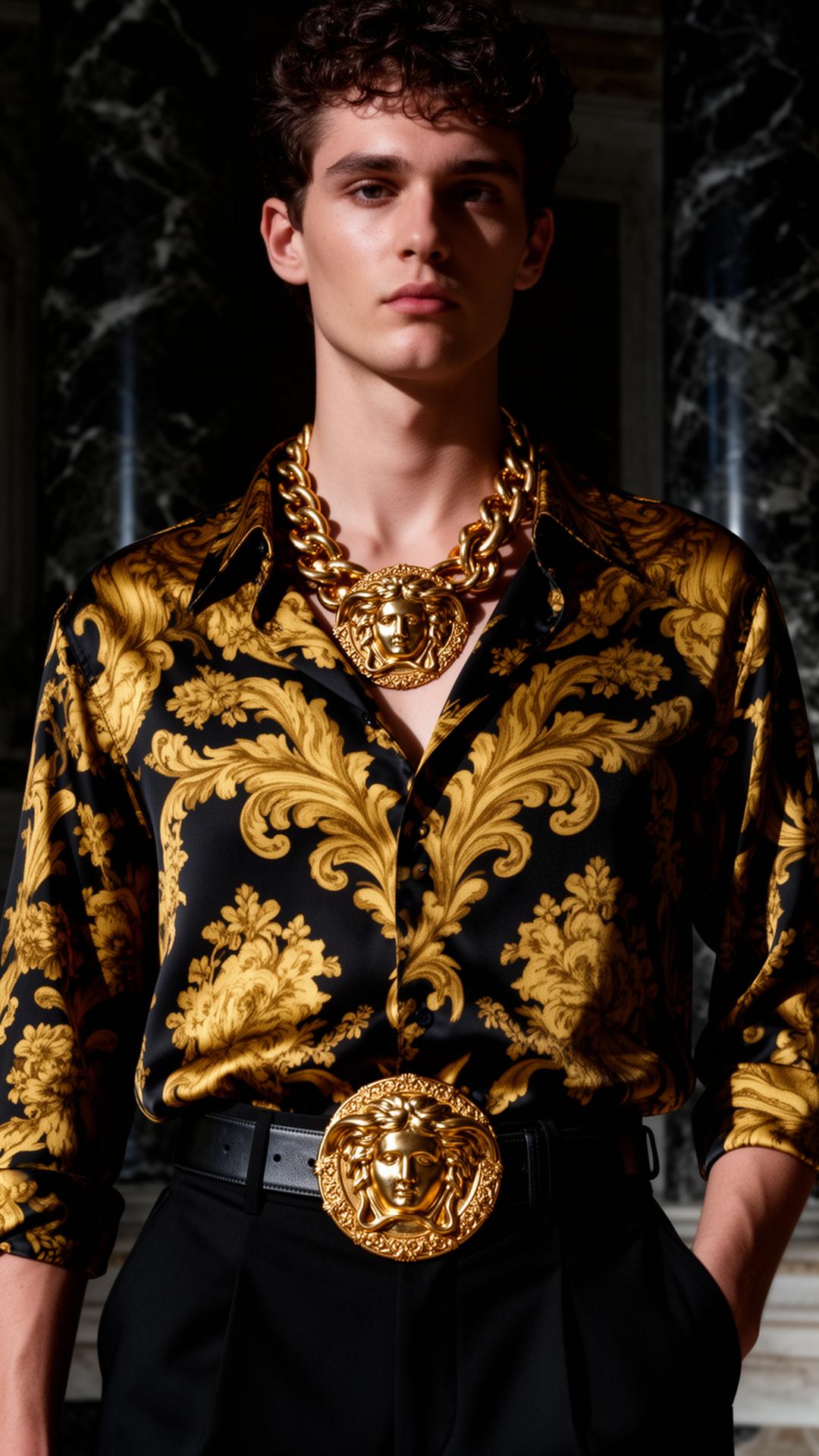 Model in baroque-print silk shirt with gold Medusa medallion belt and chain