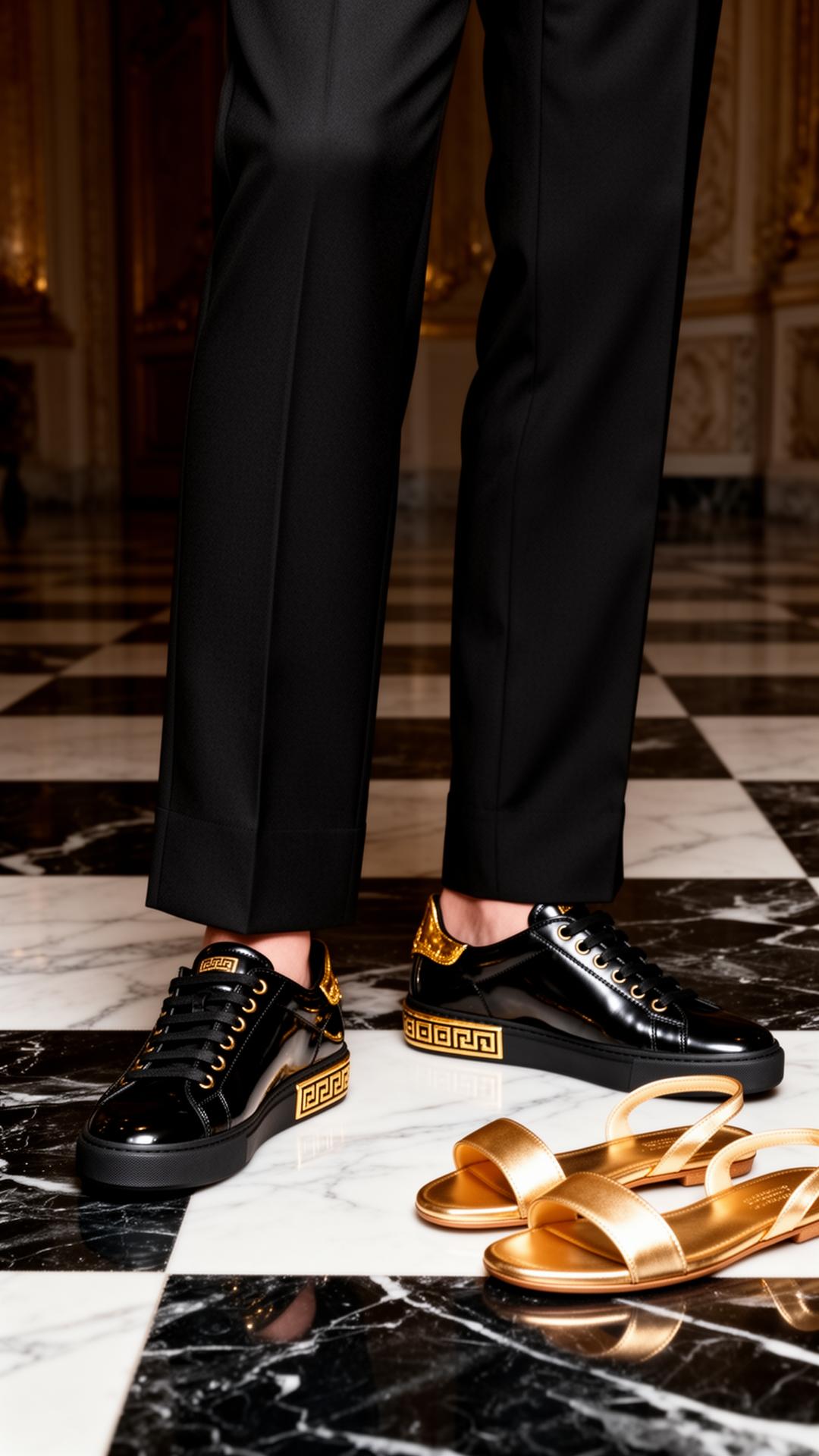 Black patent leather sneakers with gold Greca trim and gold satin sandals on marble