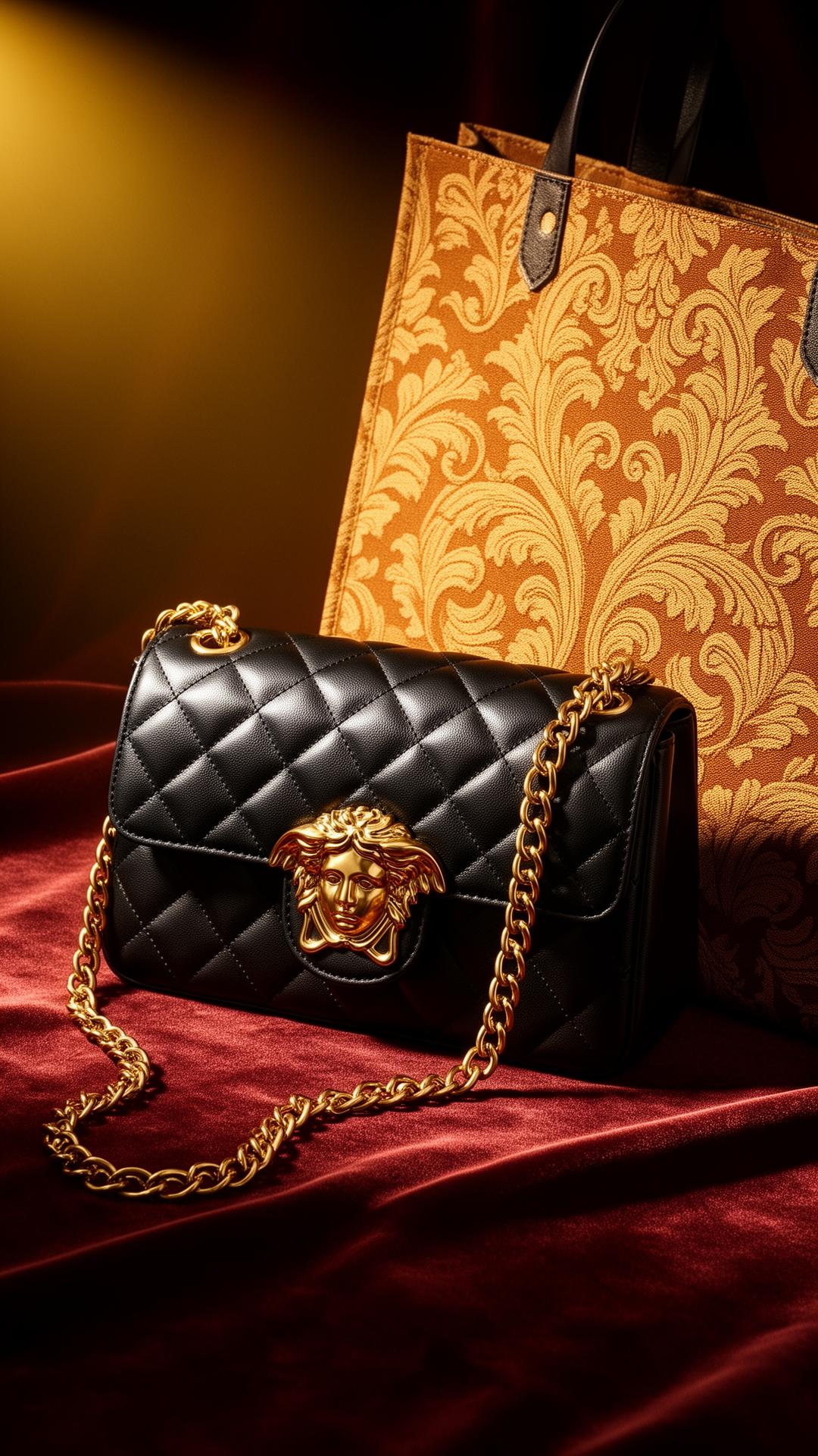 Black quilted leather crossbody with gold Medusa clasp beside a baroque jacquard tote